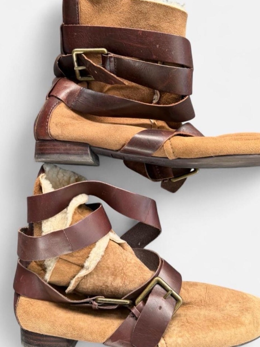 Zara Tan Suede Ankle Boots with Dark Brown Leather Straps